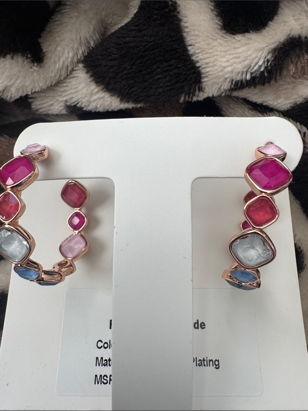 bp Rose Gold Hoop Earrings with Fuchsia, Light Pink, Blue, and Clear Stones